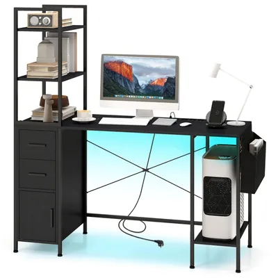 Zdjęcie produktu dla COSTWAY biurko komputerowe ze stacją ładującą, diodami LED, otwartymi półkami, 2 szufladami, podstawką CPU i materiałową torbą, biurko gamingowe czarne