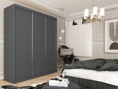 Produktbild von AGMAT Schwebetürenschrank Inari, Kleiderschrank mit 3 Türen und 2 Schubladen, Moderne Garderobe in Farbe: Graphit, Schrank in Größe: 180 x 216 x 61 cm