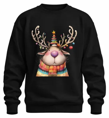 Imagen del producto de Camiseta de punto o sudadera uni, color , talla XXL, con un diseño de reno navideño, nariz rosa y bufanda de colores. Ideal como regalo