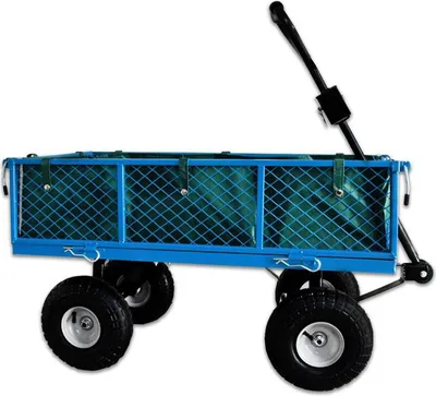 A blue garden cart with black wheels and a black handle, shown against a white background.