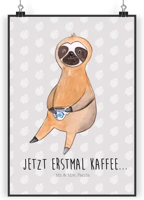 Produktbild von Mr. & Mrs. Panda Bild Faultier Kaffee DIN A4 - Grau Pastell - Geschenk, Kaffeetasse, Coffee, wanddeko, Deko, wandkunst, drucke, Wanddekoration