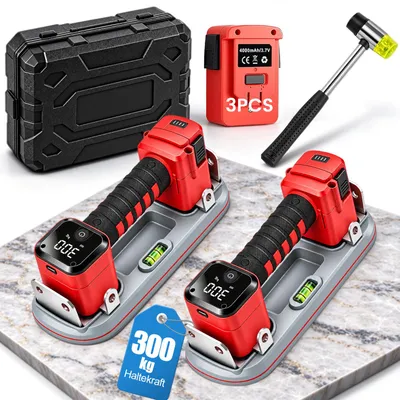 Produktbild von 2x Akku Saugheber 26cm Elektrischer Nachsaugend Vakuum Saugnapf 300KG Saugkraft, 3×4Ah Akku LCD-Anzeige Plattenheber für Fliesen Glas Terrassenplatten
