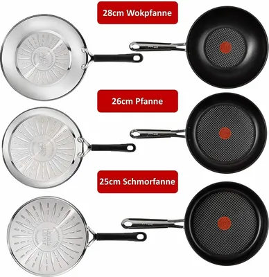 Produktbild von Tefal Jamie Oliver E76 Set15 Pfannenset – 6tlg. Induktions-Kochset mit 25cm Schmorpfanne, 28cm Wok & 26cm Pfanne – Titanium Antihaft