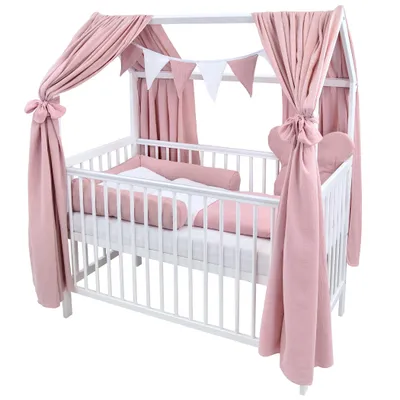Produktbild von Baby-Delux Hausbett Kinderbett Gitterbett weiß 60x120 Beißschienen Matratze Bett Set Waffelpique Musselin Rosa