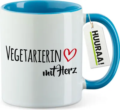 Produktbild von Huuraa Kaffeetasse Vegetarierin mit Herz 330ml Blau Keramik Kaffeebecher Geschenkidee
