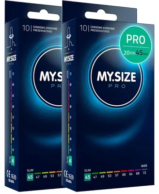 Obrázok produktu pre MY.SIZE PRO, 20 kusov, kondómy 45 mm, elitná kvalita, extra tenké, vyrobené z vysoko čistej Vytexovej latexovej gumy s minimálnym zápachom, veľmi ľahko sa otvárajú a rozmotávajú