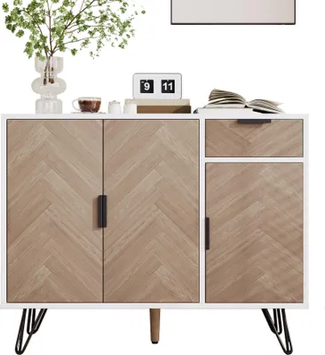 Produktbild von Sweiko Moderner Aufbewahrungsschrank, Sideboard in Weiß und Holzoptik mit Schublade und höhenverstellbaren Einlegeböden (90 x 30 x 71,5 cm)