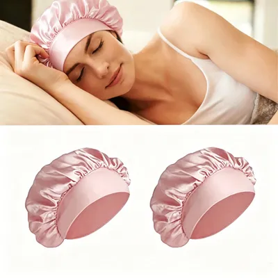 Image de Lot de 2 bonnets de nuit en satin – Double épaisseur, respirant, large bande élastique, diamètre 30 cm, idéal pour les cheveux bouclés et longs. Cadeau pour la maison – Rose