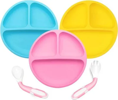 Produktbild von Silikonische Tellerplatte mit Kompartimenten - Selbstfütterungstraining für Babys - Non-Slip Kinderessenplatte mit Saugnäpfen