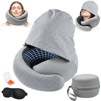 Image de Omgoods - Coussin de voyage pour le cou, réglable, avec capuche et masque de sommeil