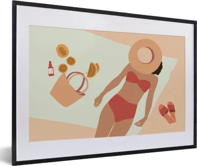 Produktbild von MuchoWow® MuchoWow® Gerahmtes Poster Frau - Hut - Pantoffeln - Strandtuch 60x40 cm - Poster mit zchwarzem Bilderrahmen - Schlafzimmer - Plakat in Rahmen - Drucken