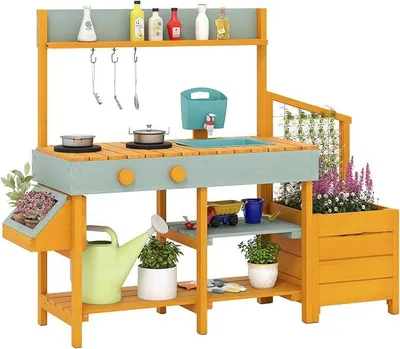 Imagen del producto de Cocina de juguete para exteriores, cocina infantil de madera de pino con jardinera y enrejado, cocina de juego con depósito de agua, estufa, fregadero. Cocina para exteriores con accesorios, ideal para niños a partir de 3 años (amarilla)