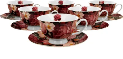 Produktbild von DUO FLORAL 6er-Set Tassen 220 ml SPRING ROSES BLACK mit Untertassen, New Bone China Porzellan