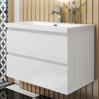 Produktbild von Badmöbel Set HUTI-Serie 80cm Rechteckiges Waschbecken mit Unterschrank Badezimmermöbel mit 2 Schubladen Hochglanz Weiß Hängeschrank
