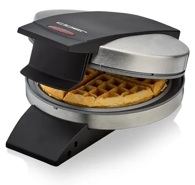 Produktbild von Cloer 1699 Amerikanisches Waffeleisen für eine runde Waffel mit 15,5 cm Durchmesser, mit Antihaftbeschichtung, fest eingestelltem Bräunungsgrad und optischer Fertigmeldung, Edelstahl, 930 W