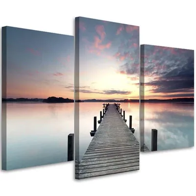 Produktbild von Triptychon auf leinwand seeufer-pier 150x100 cm Feeby blau wandbild bereit zum aufhängen