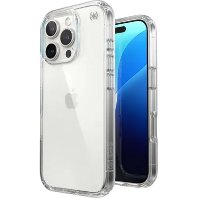 A clear protective case for an iPhone 16 Pro, shown from the back and side.