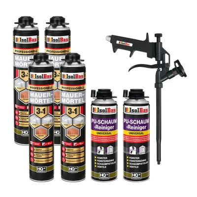 Produktbild von Isolbau Mauermörtel Pistolenschaum SET - Teflon Schaumpistole, 2 x PolyurethanReiniger Montageschaum Klebeschaum PolyurethanMörtel 4 x 750ml