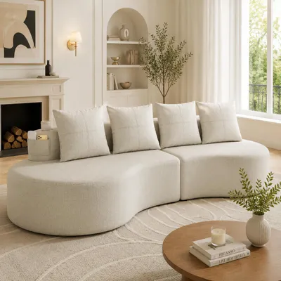 Produktbild von Leinenstoff Sofa Beige Couch mit 4 Kissen Polstersofa Modernes Loungesofa Wohnzimmersofa mit Becherhalter Seitentaschen Federkern Kleines Sofa