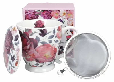 Produktbild von DUO Becher SPRING ROSES WHITE mit Fuß, 510 ml, inkl. Deckel und Teesieb, New Bone China Porzellan