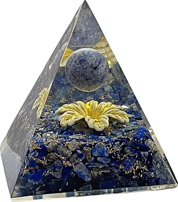 Produktbild von CHONIT Orgonit Pyramide, blau gelb, EMF-Schutz gegen Strahlung, klein mit Bergkristall als Deko für zu Hause