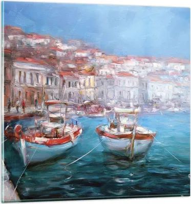 Produktbild von Bilder auf glas - Einteilig - Öl Boote Griechenland - 70x70cm - Glasbilder - Wandbilder - Bilder - zum Aufhängen bereit - Wanddekoration aus Glas - Glas Bilder - Wandbild auf Glas - GAC70x70-4467