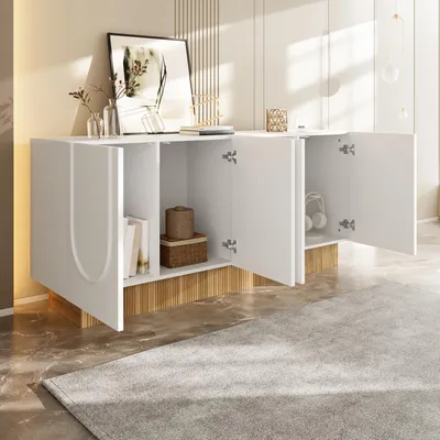 Obrázek produktu pro okwish Moderní sideboard s 4 vnitřními přihrádkami a matnými dvířky, Bufet / komoda s více přihrádkami pro obývací pokoj, Bílá + barva dřeva