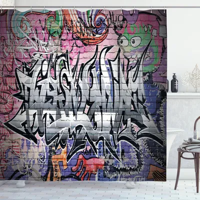 Image de ABAKUHAUS Rideau de douche mur en briques, graffitis, art urbain, plusieurs impressions effrayantes de paysages urbains souterrains, 175 x 180 cm, multicolore