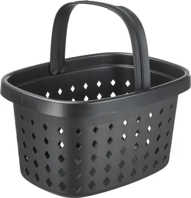 A black plastic shopping basket with a handle and diamond-shaped perforations on the sides, shown against a white background.