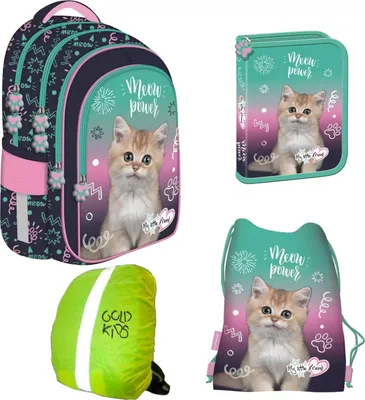 Produktbild von Goldkids - Schulranzen für Jungen und Mädchen, 4er-Set - Schul-Rucksack für Kinder mit Federmäppchen - Schuhbeutel und Regenschutz - Katze Motiv