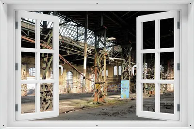 Produktbild von Wallario Outdoor-Poster für Garten oder Balkon 61 x 91,50 cm: Verlassene Industriehalle - Alte Fabrik