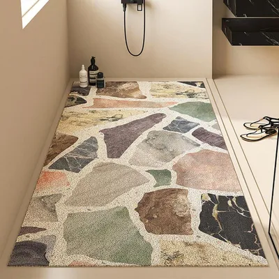 Image de Tapis de douche antidérapant pour baignoire, dimensions 90x140 cm, motif pierre, PVC, haute perméabilité à l'eau
