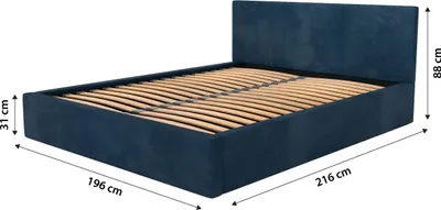 Obrázek produktu pro Muralo Čalouněná postel do ložnice Čalouněná postel s podnožkou Postel s čalouněným čelem Manželská postel 180x200 Postel s úložným prostorem Tmavě modrá