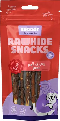 Imagen del producto de Braaaf: Snacks para perros, tipo "Rawhide Roll", sabor a pato, paquete de 80 gramos