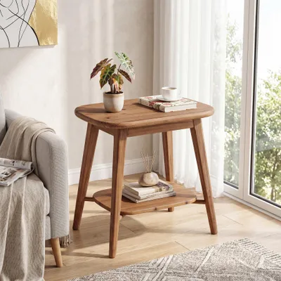 Image de Table d'appoint en bois massif, table d'appoint de style rustique pour le salon, table de chevet en bois avec compartiments de rangement, couleur marron rustique