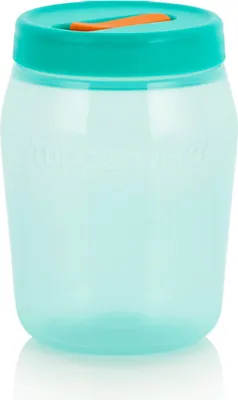 A teal Tupperware container with an orange accent on the lid, isolated on a white background.