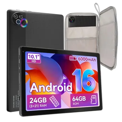 Immagine prodotto di Tablet JENBIZZ, schermo da 10,1 pollici, Android 16, 64 GB di memoria interna, 24 (3+21) GB di RAM, batteria da 6000 mAh, con custodia grigia