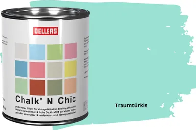 Produktbild von OELLERS Chalk 'N Chic Kreidefarbe Traumtürkis 1L matt – für Shabby-Chic-Look & Vintage-Stil auf Holz, Beton, Raufaser, Gipskarton uvm.