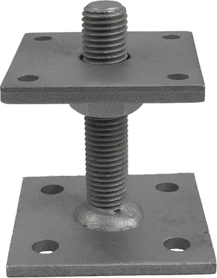 A metal post support with an adjustable threaded bolt.