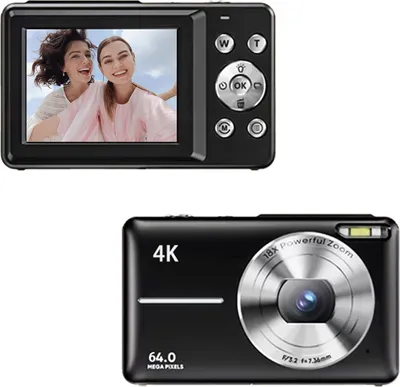 Zdjęcie produktu dla kamera cyfrowa 4K/30FPS, cyfrowa kamera wideo 64 MP, ekran 2,88 cala, 18-krotny zoom cyfrowy, wbudowana bateria z kartą TF 32 GB, prezent urodzinowy i świąteczny dla nastolatków, studentów, przyjaciół