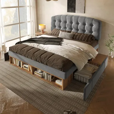 Productafbeelding van Boxspringbed 140x200 cm, grijs, met houten en metalen frame, bekleding van fluweel, bed met lades en opbergruimte, verstelbaar hoofdeinde
