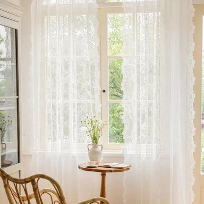 Productafbeelding van Set van 2 Witte Geborduurde Voile Gordijnen met Bloemen 150 x 200 cm Vintage Transparant voor Slaapkamer, Woonkamer, en Meer