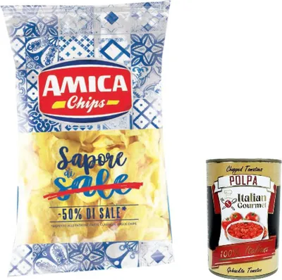 Produktbild von 12x Amica Chips Patatine Sapori di175g , Kartoffelchips -50% des Salzes + Italian gourmet polpa 400g