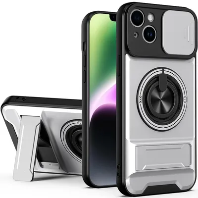 Obrázek produktu pro Magnetické pouzdro pro iPhone 14 Plus Ochranné pouzdro s posuvným krytem fotoaparátu a kroužkovým stojánkem Stříbrná