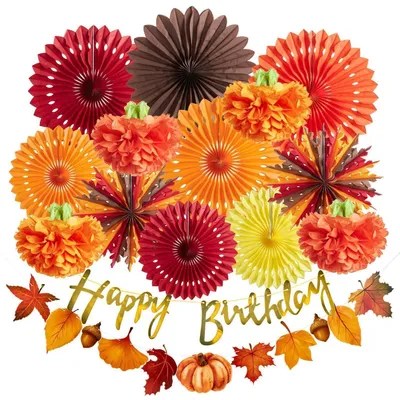 Produktbild von Papierfächer Girlande mit Ahornblättern und Pompons für Herbstparty Dekoration
