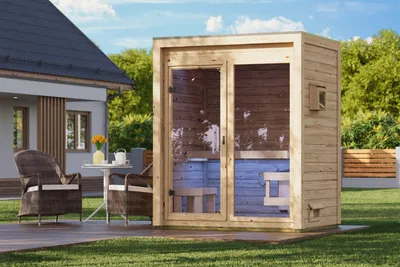 Produktbild von Karibu Saunahaus Außensauna Gartensauna Hycore 1 unbehandelt Ofen 9 kW externe Strg easy 38mm Massivholz 191x145x232 cm