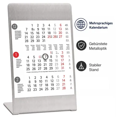 Produktbild von Tischkalender 2027 mit Metallaufsteller magnetisch 3-Monatskalender Büro (Dots)