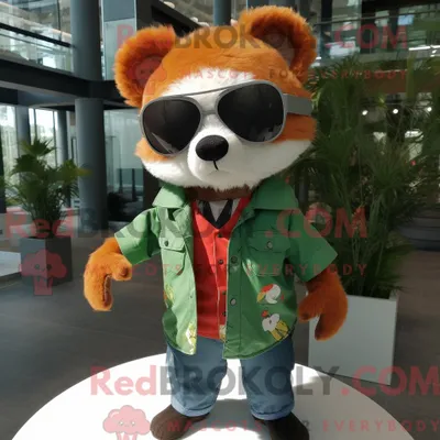 Produktbild von Waldgrüner REDBROKOLY Roter Panda Maskottchen Kostüm Charakter gekleidet mit einem Chambray Hemd und Sonnenbrille