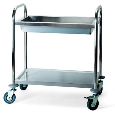 Produktbild von Edelstahl Servierwagen - mit Wanne, 4 schwenkbaren Rollen mit Rammschutz, 2 Rollen mit Feststeller, Tragfähigkeit der Wanne: ca. 55 kg, Bord: ca. 75 kg, Artikel muss montiert werden