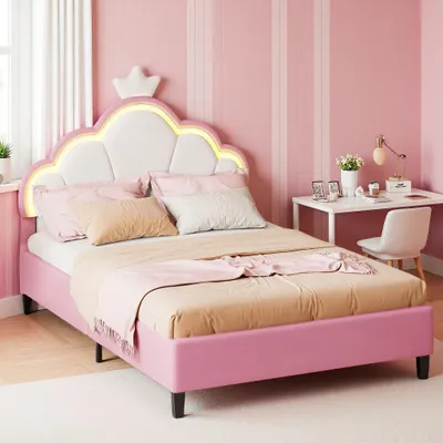 Produktbild von Kinderbett 90x200 cm, rosa-weißer Samt, Kronenkopfteil und integrierte LED-Beleuchtung – ein zauberhaftes und leuchtendes Design für ein modernes Schlafzimmer